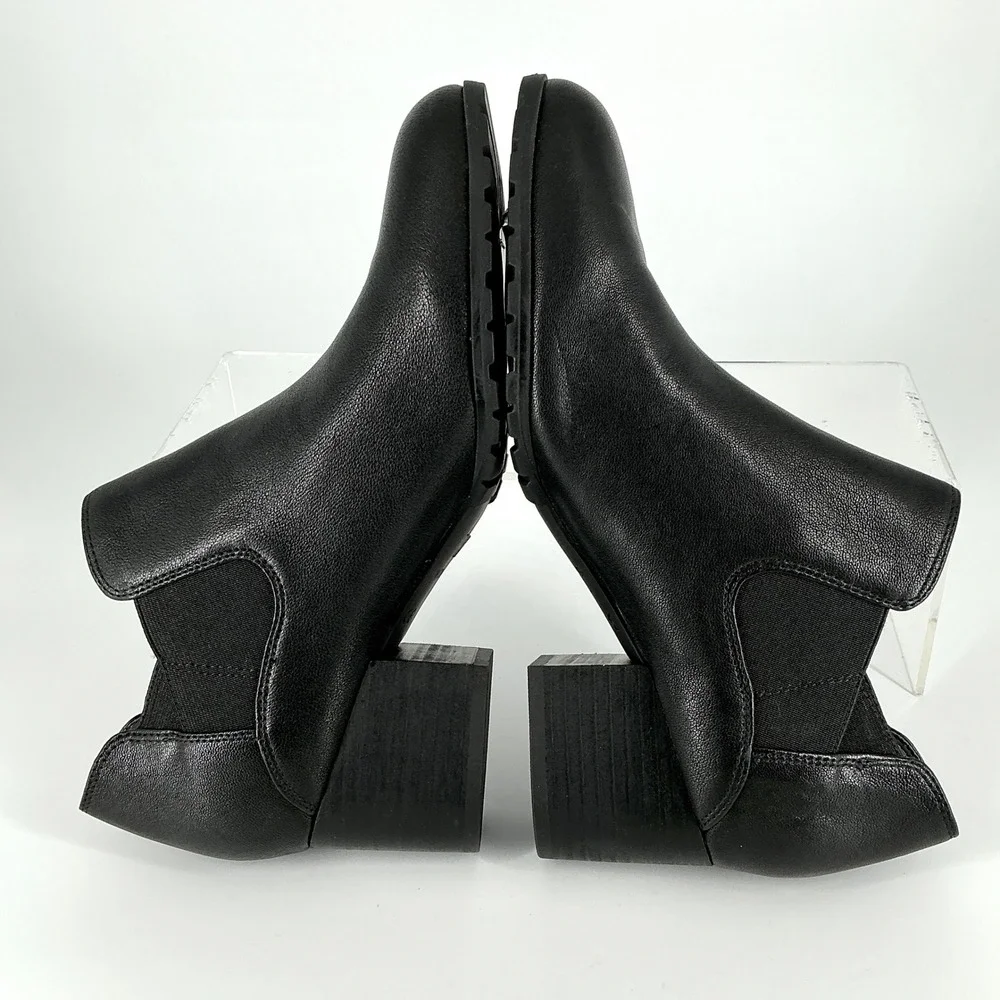 Vionic Size 8.5 Black‎ Leather Ankle Bootie Block Heel Lug Sole NEW Belmont $159